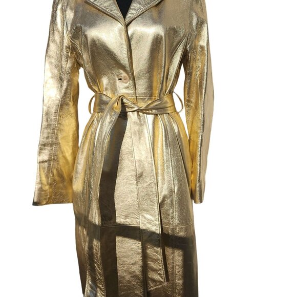 ⭐Luxury Designer Stylish Gold Real Genuine Leather Glamorous Jacket Coat Trench - Picture 3 of 16